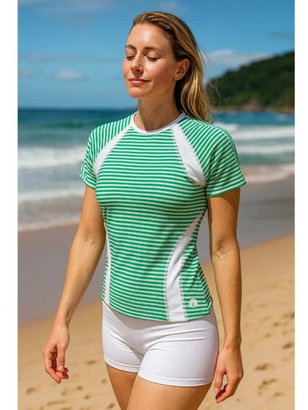 Tory Burch Tory Sport Green & White Striped Short-Sleeve Rashguard